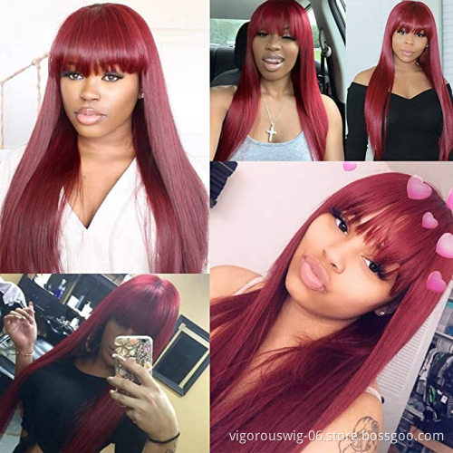 Vigorous Long Straight Wig with Bangs Wine Red Color Synthetic Hair Wigs for Women Heat Resistant Fiber Wholesale Price